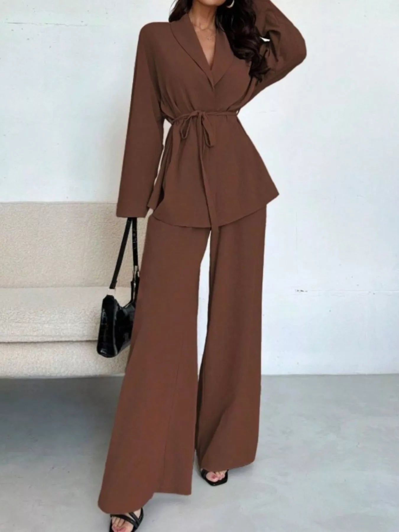 Front Tied Shirt and Wide - Leg Pants Set - StyleLure