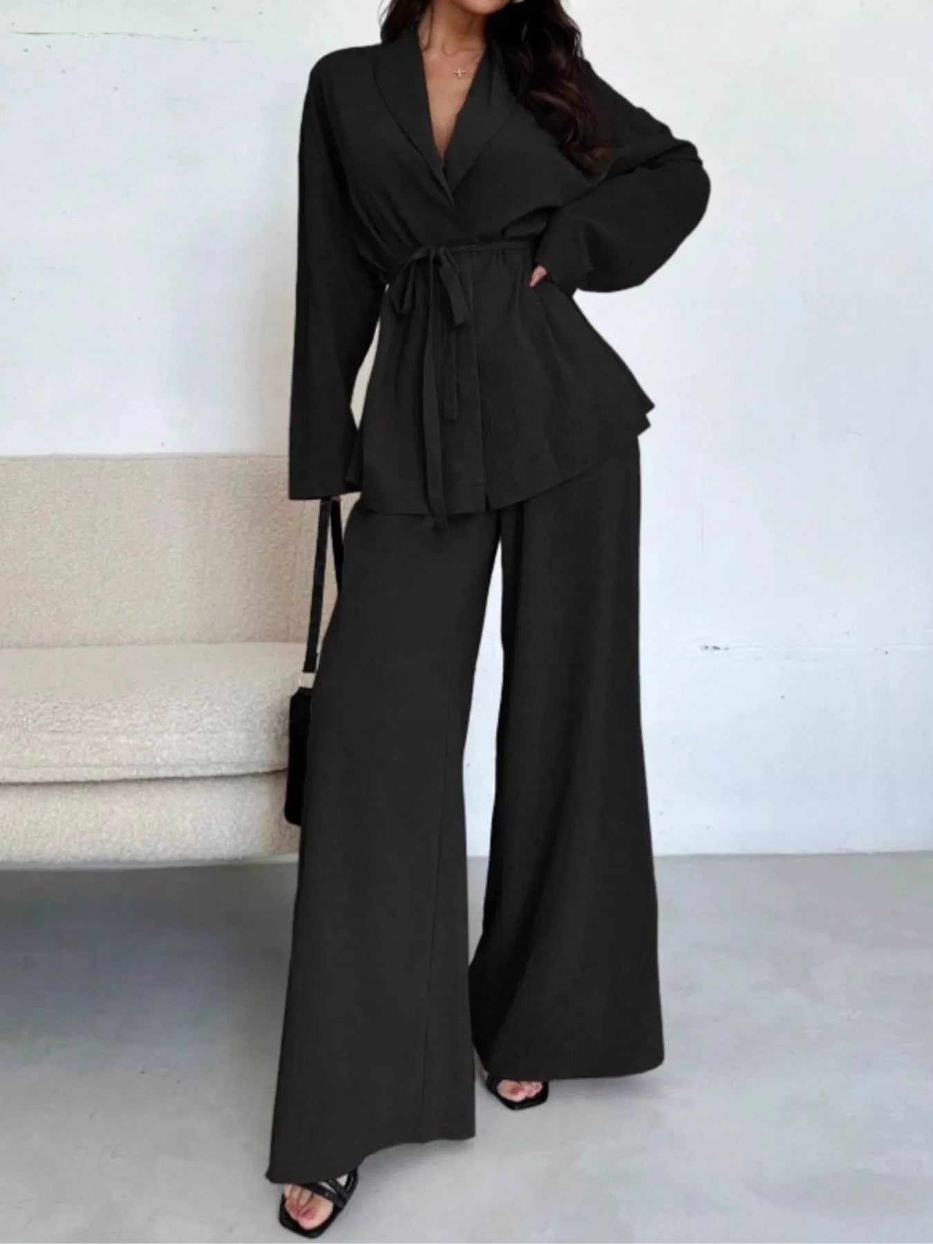 Front Tied Shirt and Wide - Leg Pants Set - StyleLure