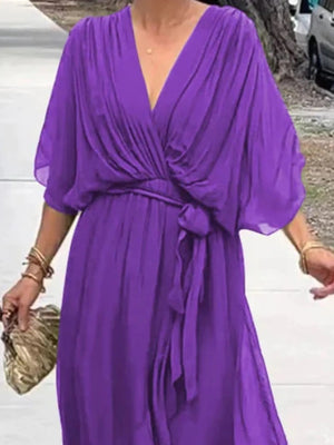 Full Size Flowy Tie Front Midi Dress with Flutter Sleeves Plus Size - StyleLure