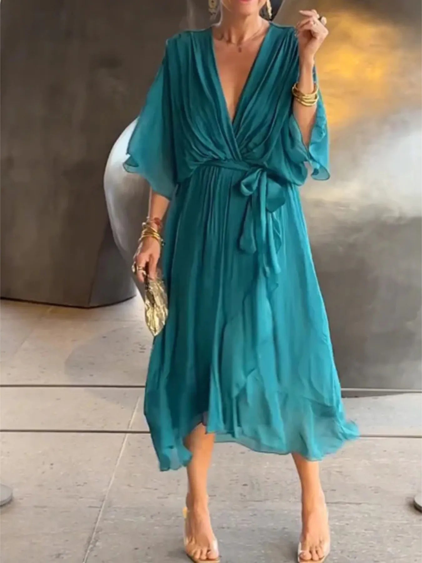 Full Size Flowy Tie Front Midi Dress with Flutter Sleeves Plus Size - StyleLure