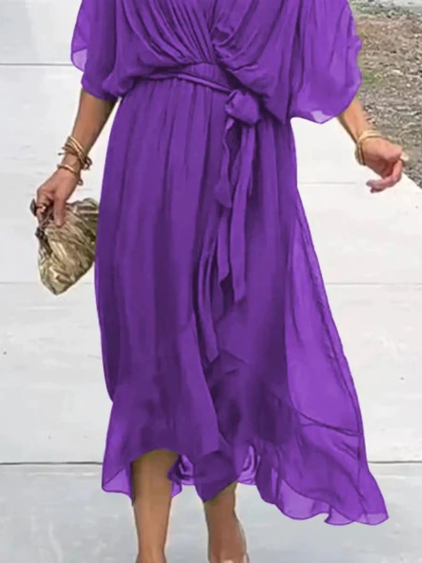 Full Size Flowy Tie Front Midi Dress with Flutter Sleeves Plus Size - StyleLure
