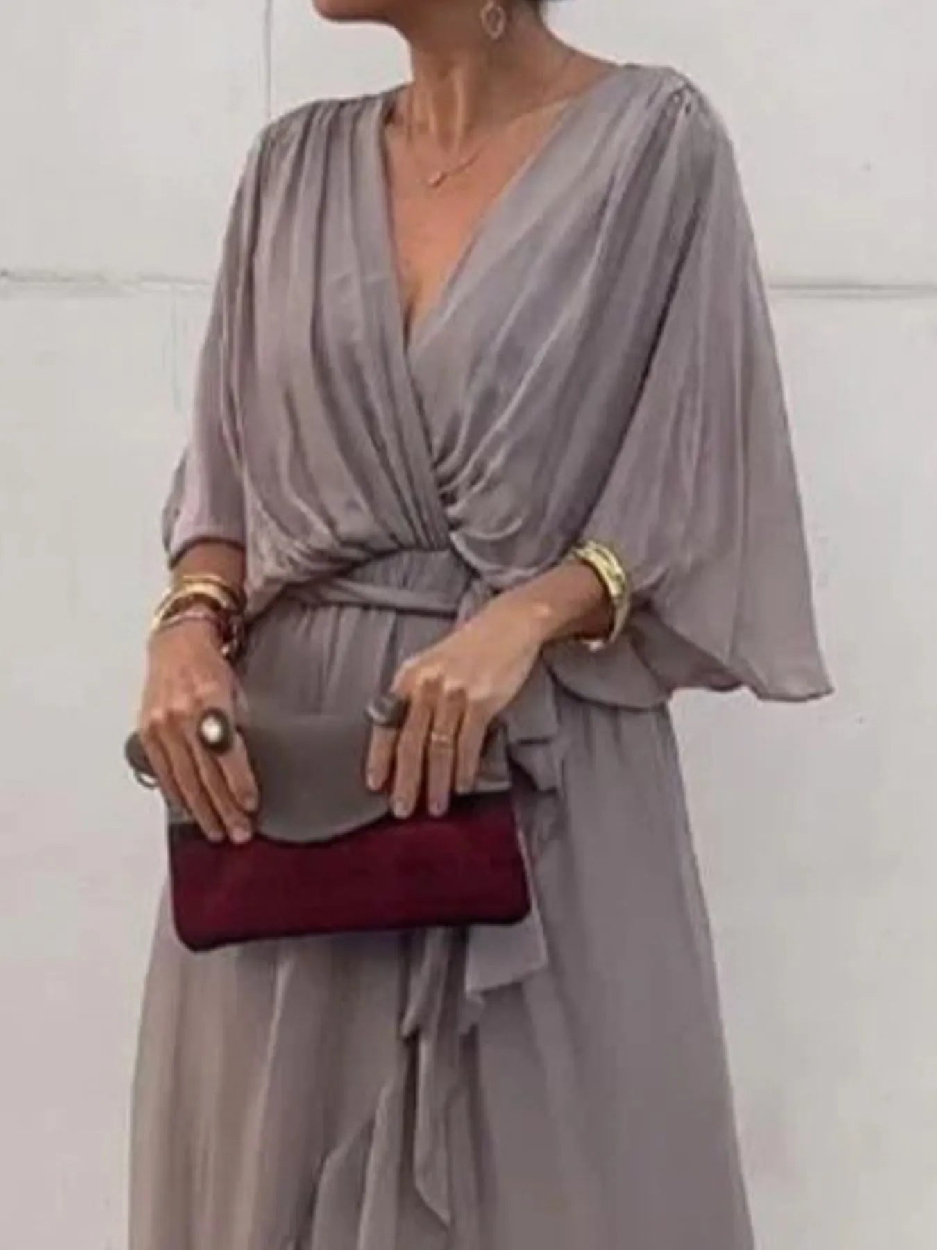 Full Size Flowy Tie Front Midi Dress with Flutter Sleeves Plus Size - StyleLure