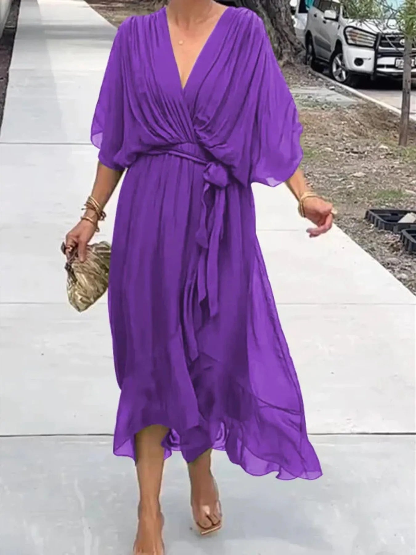 Full Size Flowy Tie Front Midi Dress with Flutter Sleeves Plus Size - StyleLure