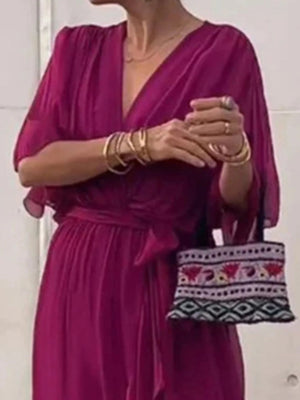 Full Size Flowy Tie Front Midi Dress with Flutter Sleeves Plus Size - StyleLure