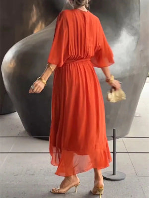 Full Size Flowy Tie Front Midi Dress with Flutter Sleeves Plus Size - StyleLure