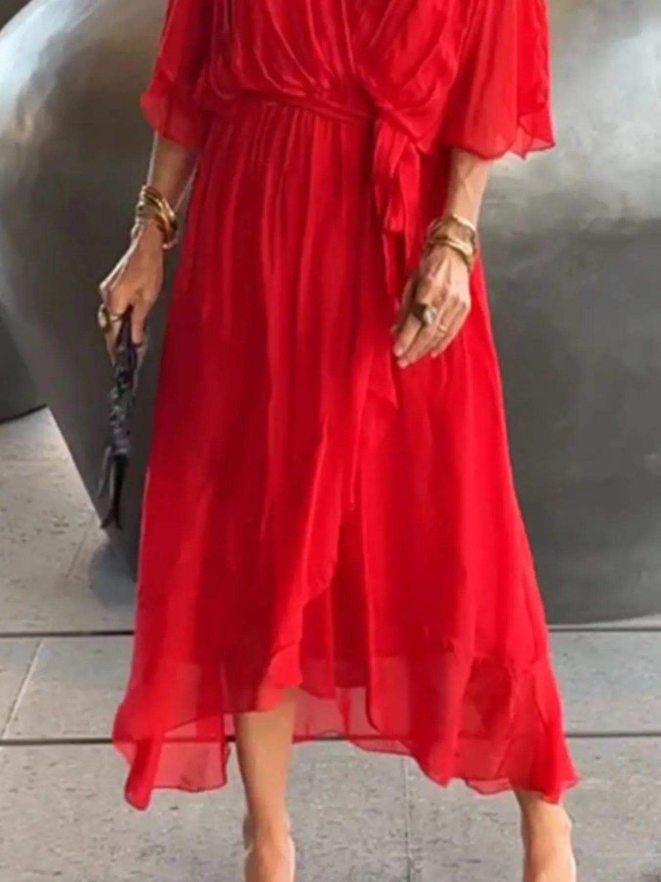 Full Size Flowy Tie Front Midi Dress with Flutter Sleeves Plus Size - StyleLure