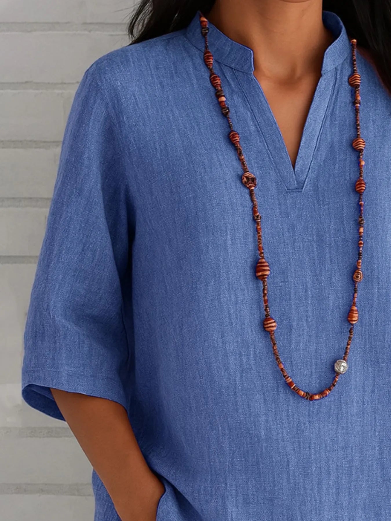 Full Size Notched Three - Quarter Sleeves Blouse Plus Size - StyleLure