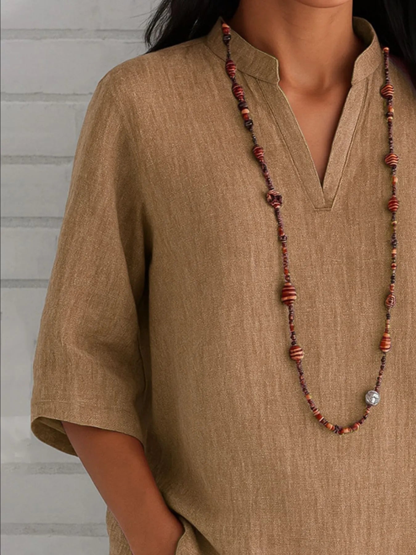 Full Size Notched Three - Quarter Sleeves Blouse Plus Size - StyleLure