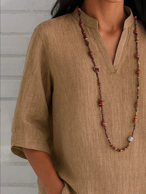 Full Size Notched Three - Quarter Sleeves Blouse Plus Size - StyleLure