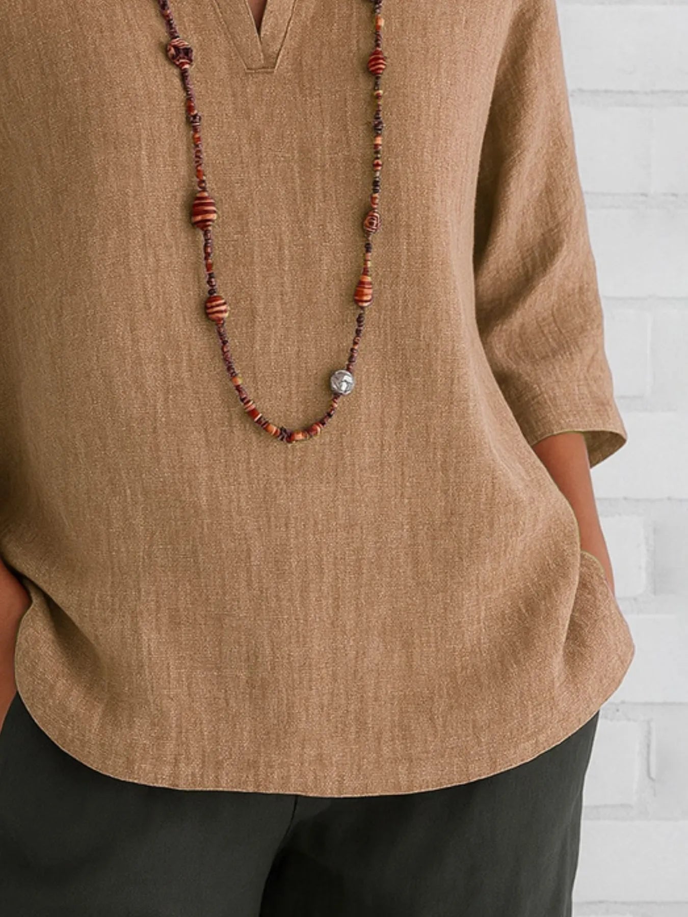 Full Size Notched Three - Quarter Sleeves Blouse Plus Size - StyleLure