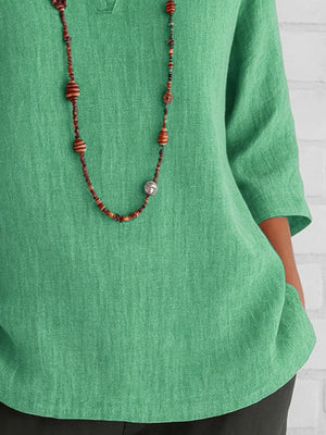 Full Size Notched Three - Quarter Sleeves Blouse Plus Size - StyleLure