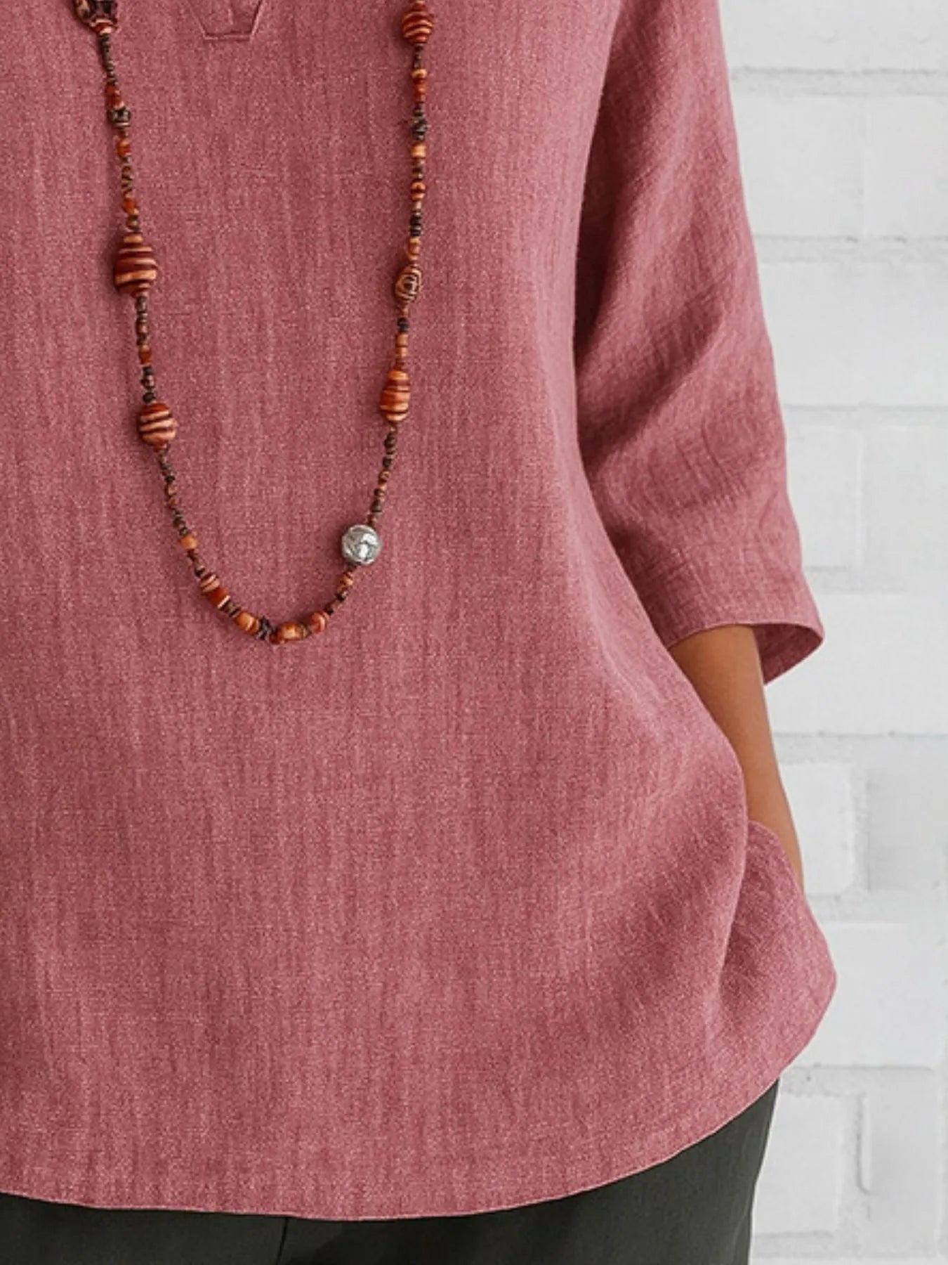 Full Size Notched Three - Quarter Sleeves Blouse Plus Size - StyleLure