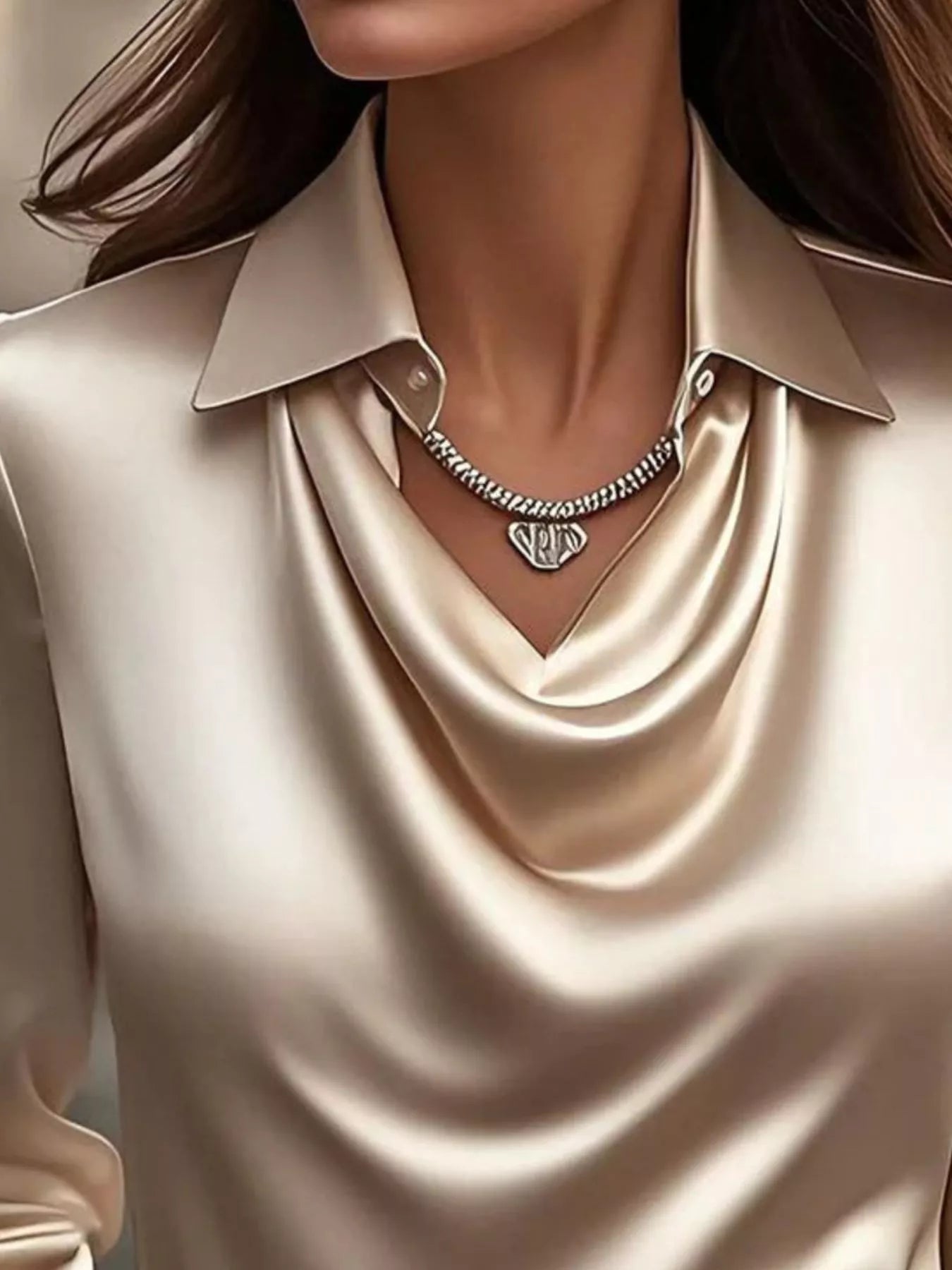 Full Size Satin Cowl Neck Long Sleeve Blouse Plus Size - StyleLure