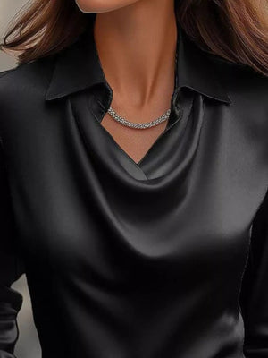 Full Size Satin Cowl Neck Long Sleeve Blouse Plus Size - StyleLure