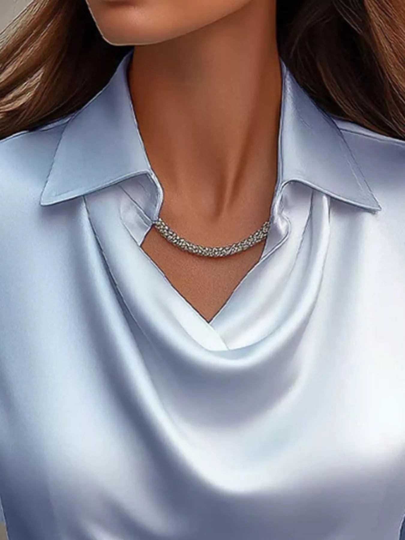 Full Size Satin Cowl Neck Long Sleeve Blouse Plus Size - StyleLure