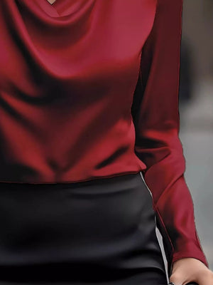 Full Size Satin Cowl Neck Long Sleeve Blouse Plus Size - StyleLure