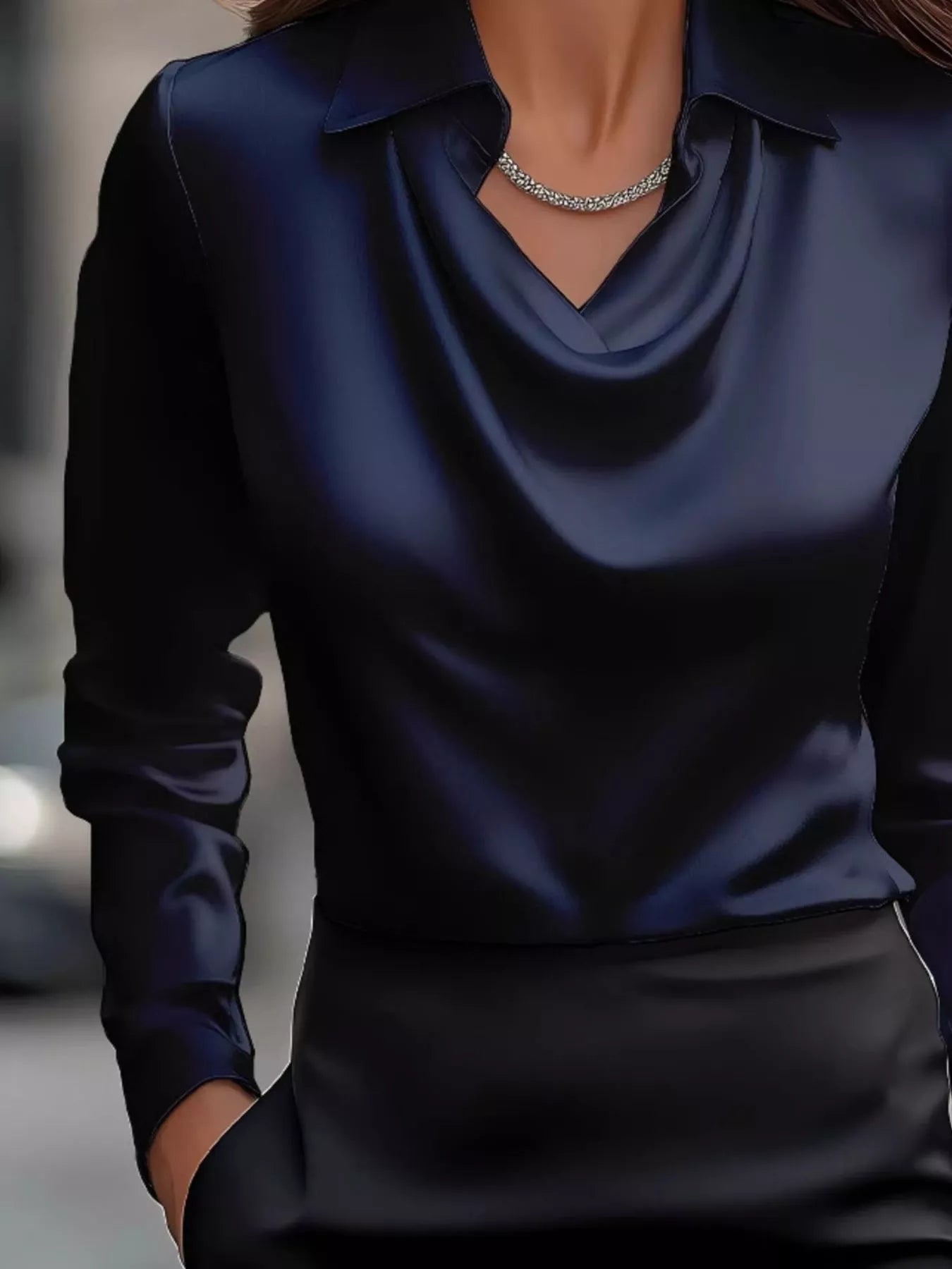 Full Size Satin Cowl Neck Long Sleeve Blouse Plus Size - StyleLure