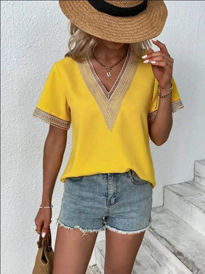 Full Size V - Neck Short Sleeve Blouse Plus Size - StyleLure