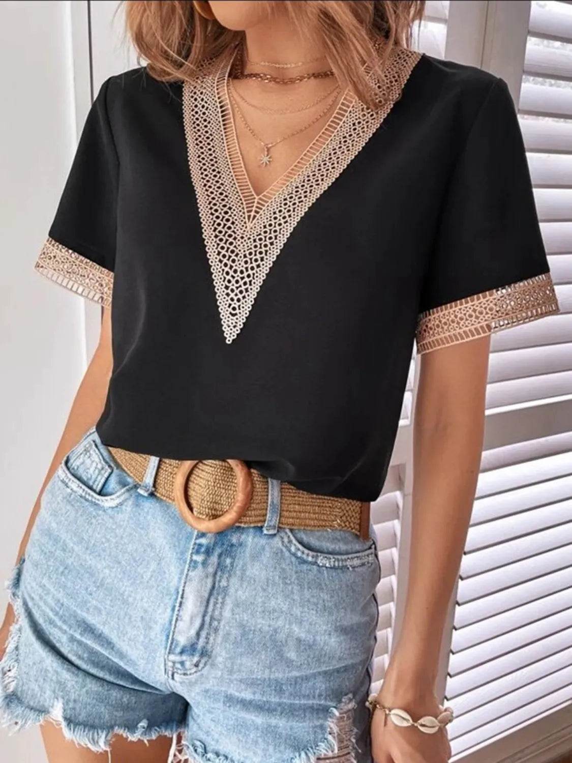 Full Size V - Neck Short Sleeve Blouse Plus Size - StyleLure