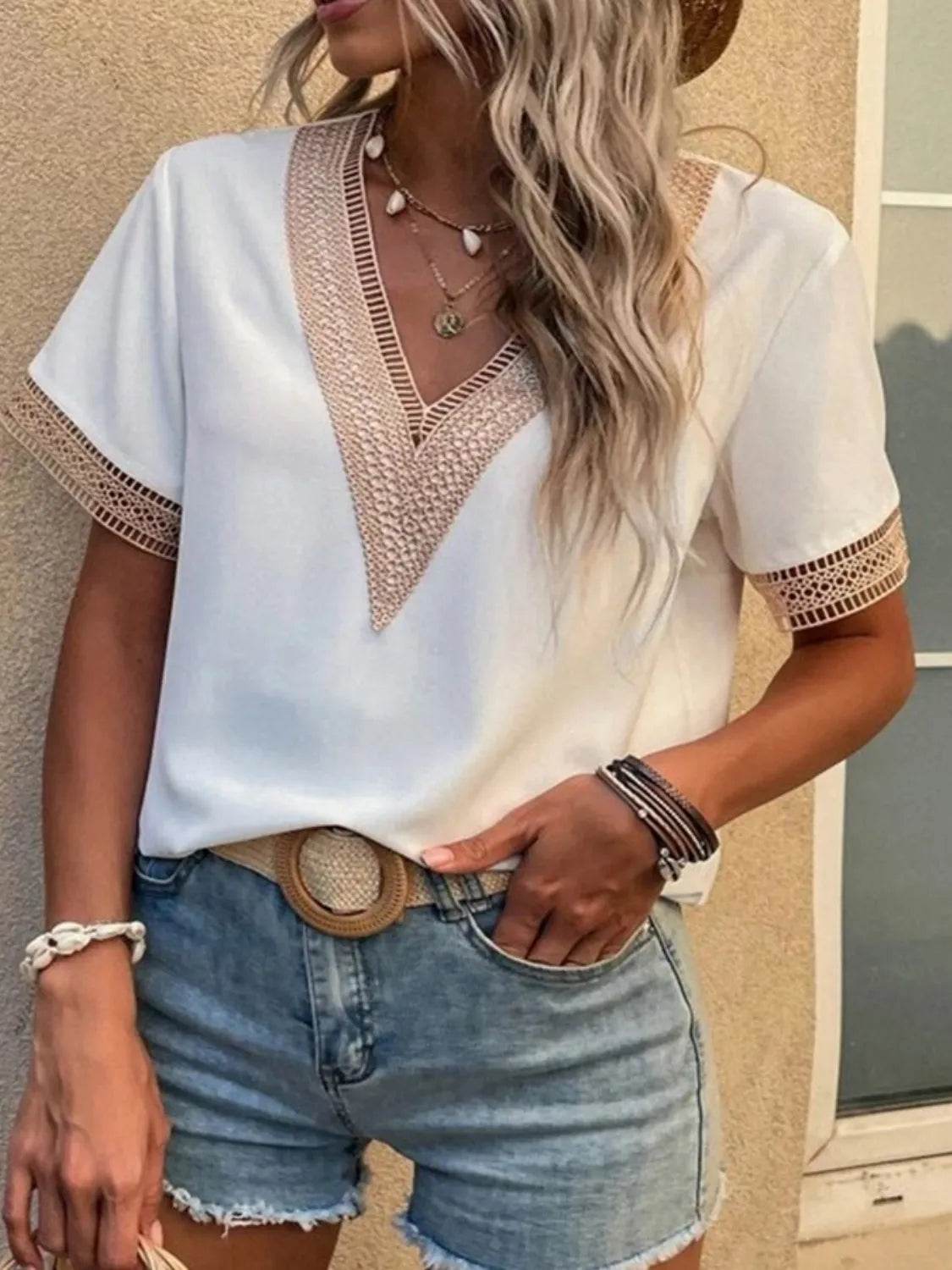 Full Size V - Neck Short Sleeve Blouse Plus Size - StyleLure