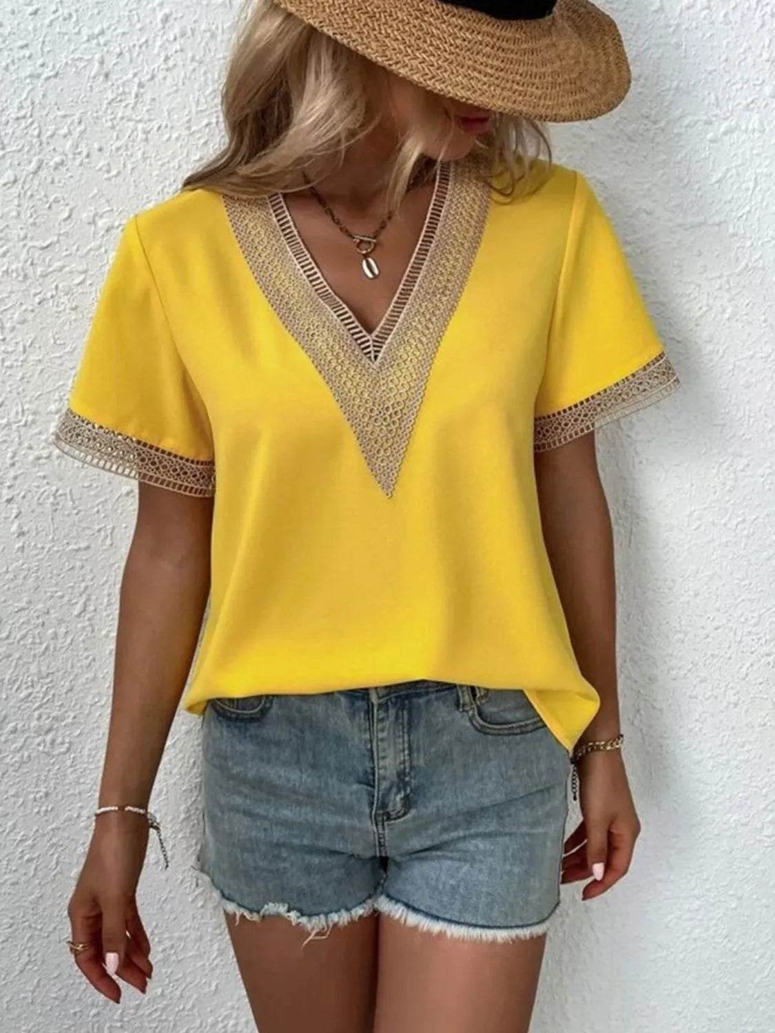 Full Size V - Neck Short Sleeve Blouse Plus Size - StyleLure
