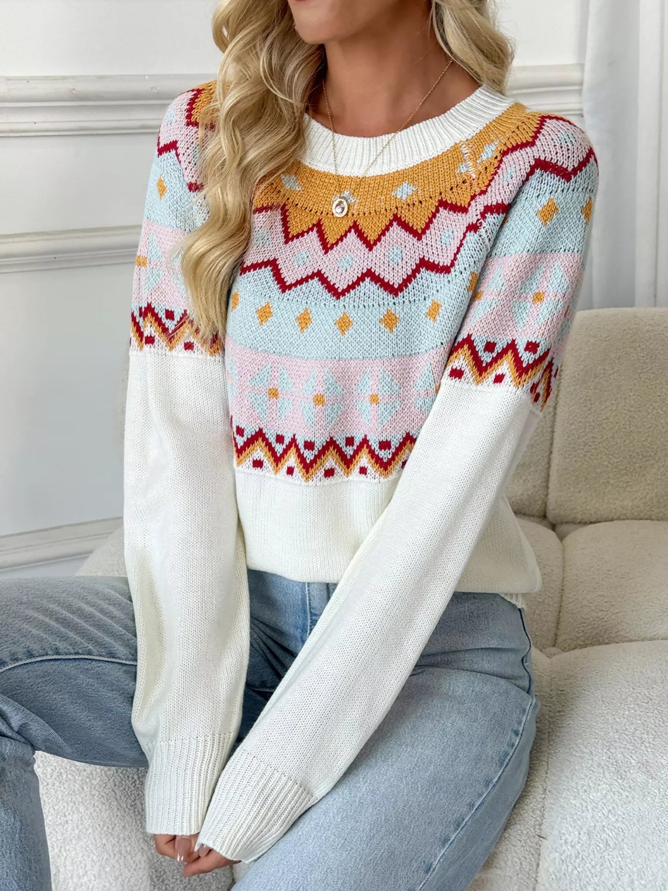 Geometric Round Neck Long Sleeve Sweater - StyleLure