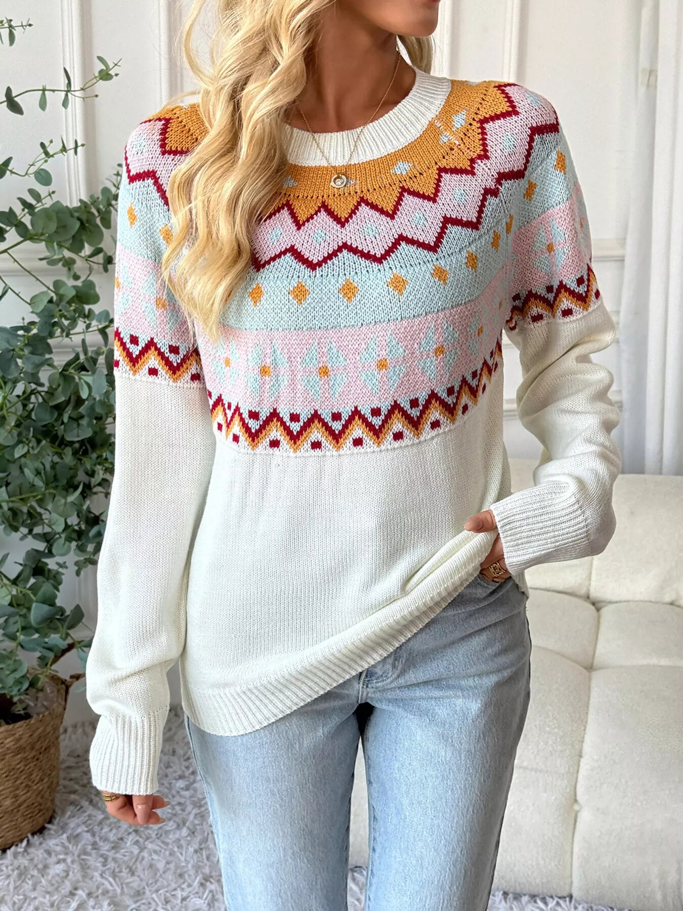 Geometric Round Neck Long Sleeve Sweater - StyleLure