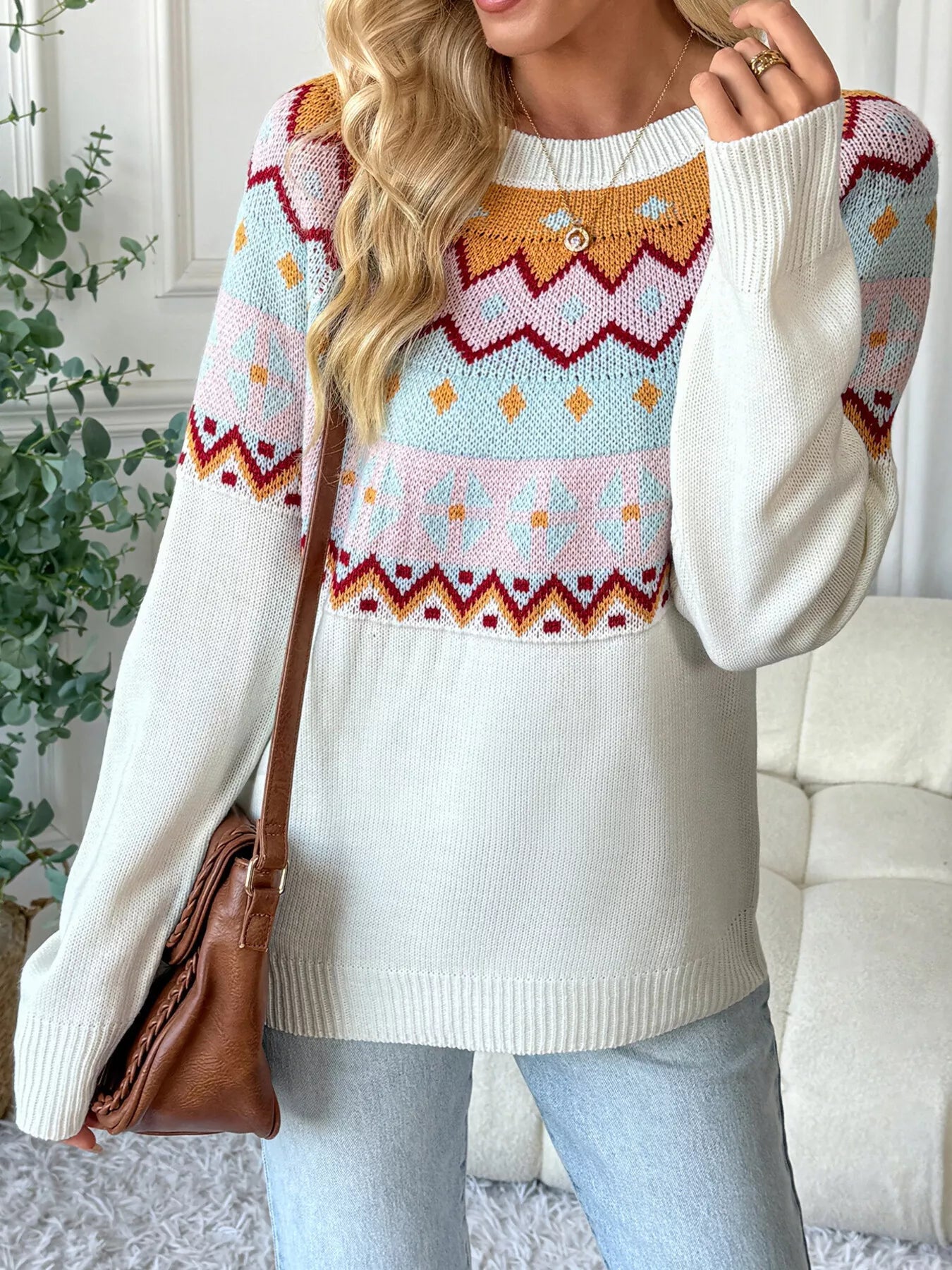 Geometric Round Neck Long Sleeve Sweater - StyleLure