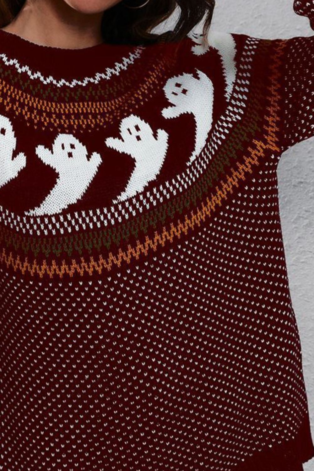 Ghost Pattern Round Neck Long Sleeve Sweater - StyleLure