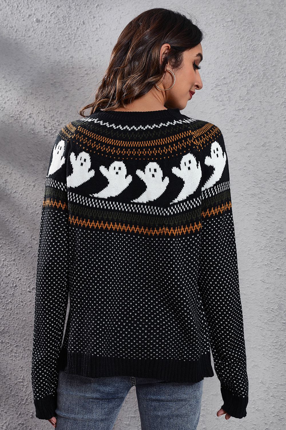 Ghost Pattern Round Neck Long Sleeve Sweater - StyleLure