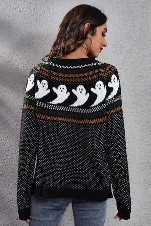 Ghost Pattern Round Neck Long Sleeve Sweater - StyleLure