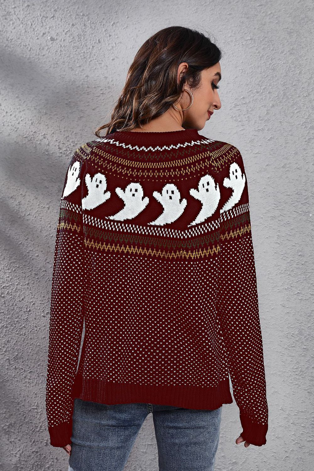 Ghost Pattern Round Neck Long Sleeve Sweater - StyleLure