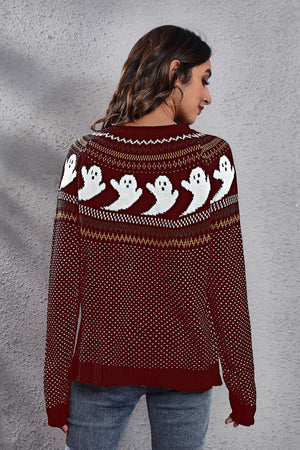 Ghost Pattern Round Neck Long Sleeve Sweater - StyleLure