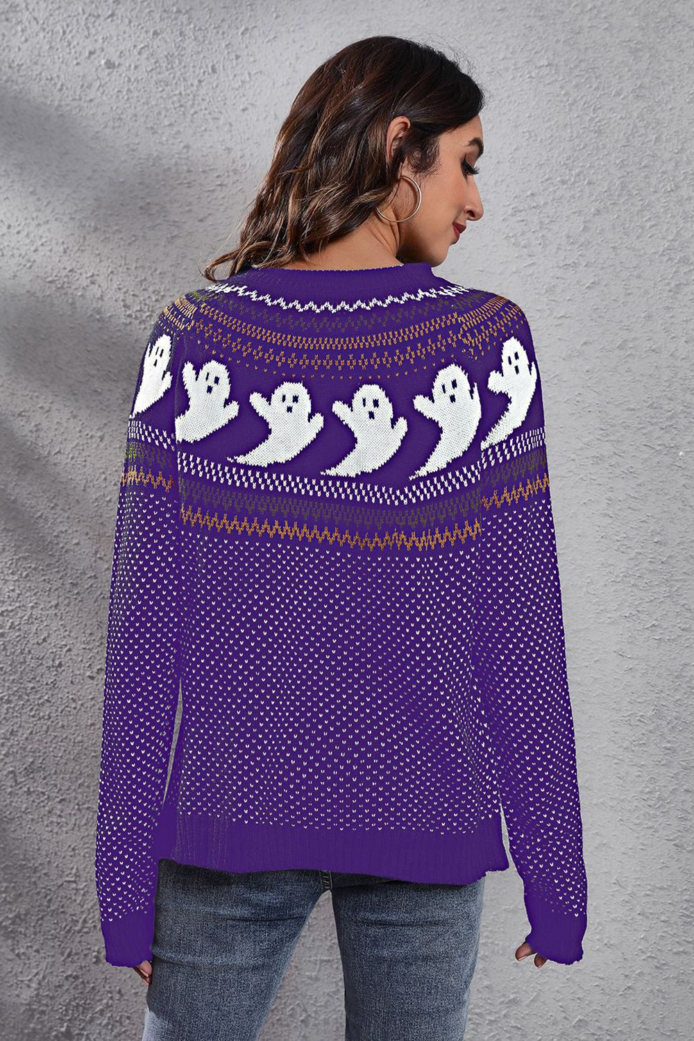 Ghost Pattern Round Neck Long Sleeve Sweater - StyleLure