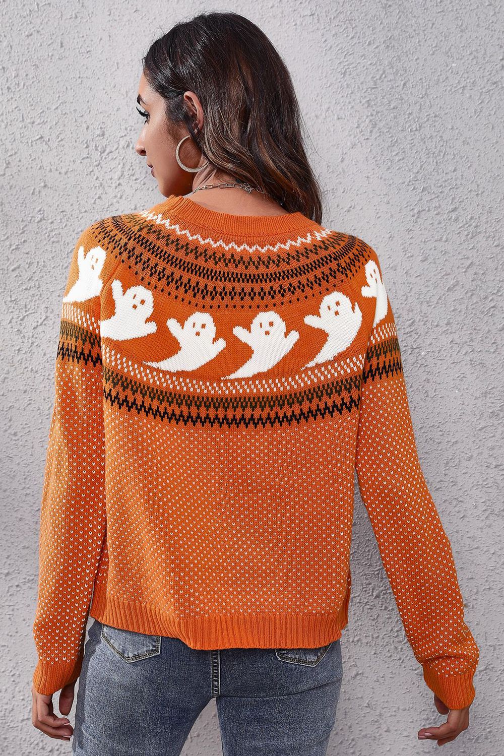Ghost Pattern Round Neck Long Sleeve Sweater - StyleLure