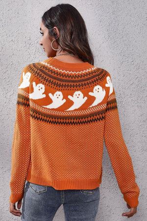Ghost Pattern Round Neck Long Sleeve Sweater - StyleLure