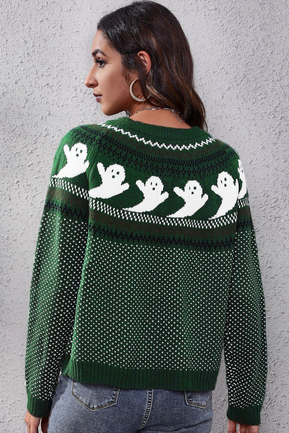 Ghost Pattern Round Neck Long Sleeve Sweater - StyleLure