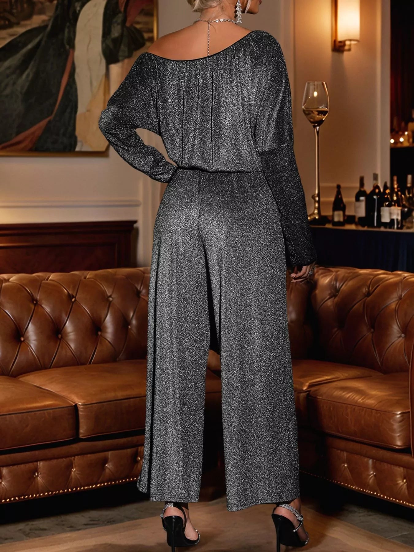 Glitter One Shoulder Long Sleeve Wide Leg Jumpsuit - StyleLure