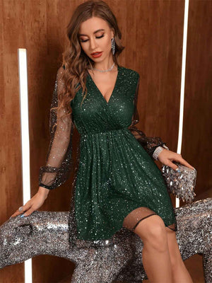 Glitter Surplice Long Sleeve Mini Dress - StyleLure