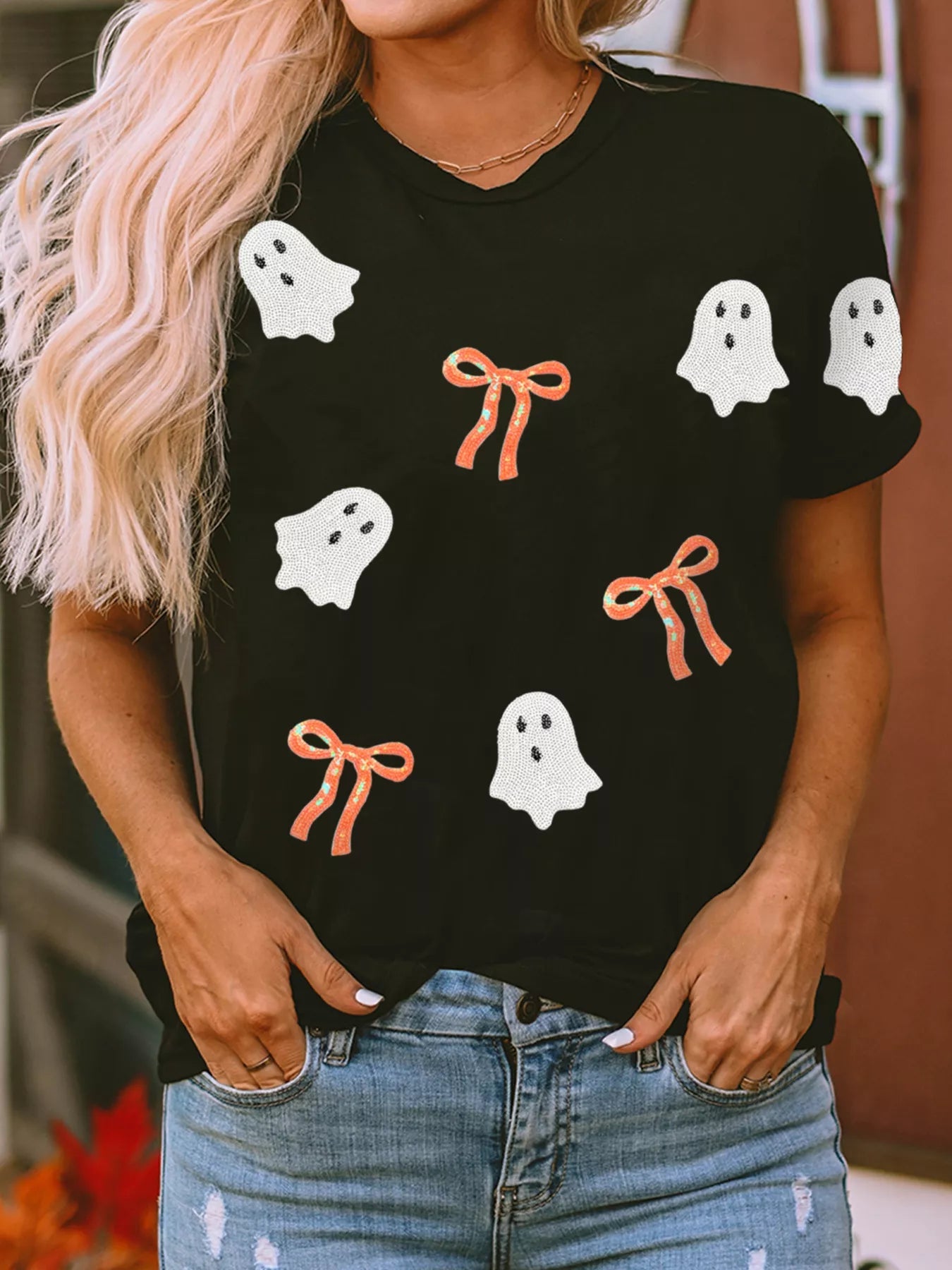 Halloween Ghost Bow Sequin Patched Drop Shoulder Sweatshirt - StyleLure