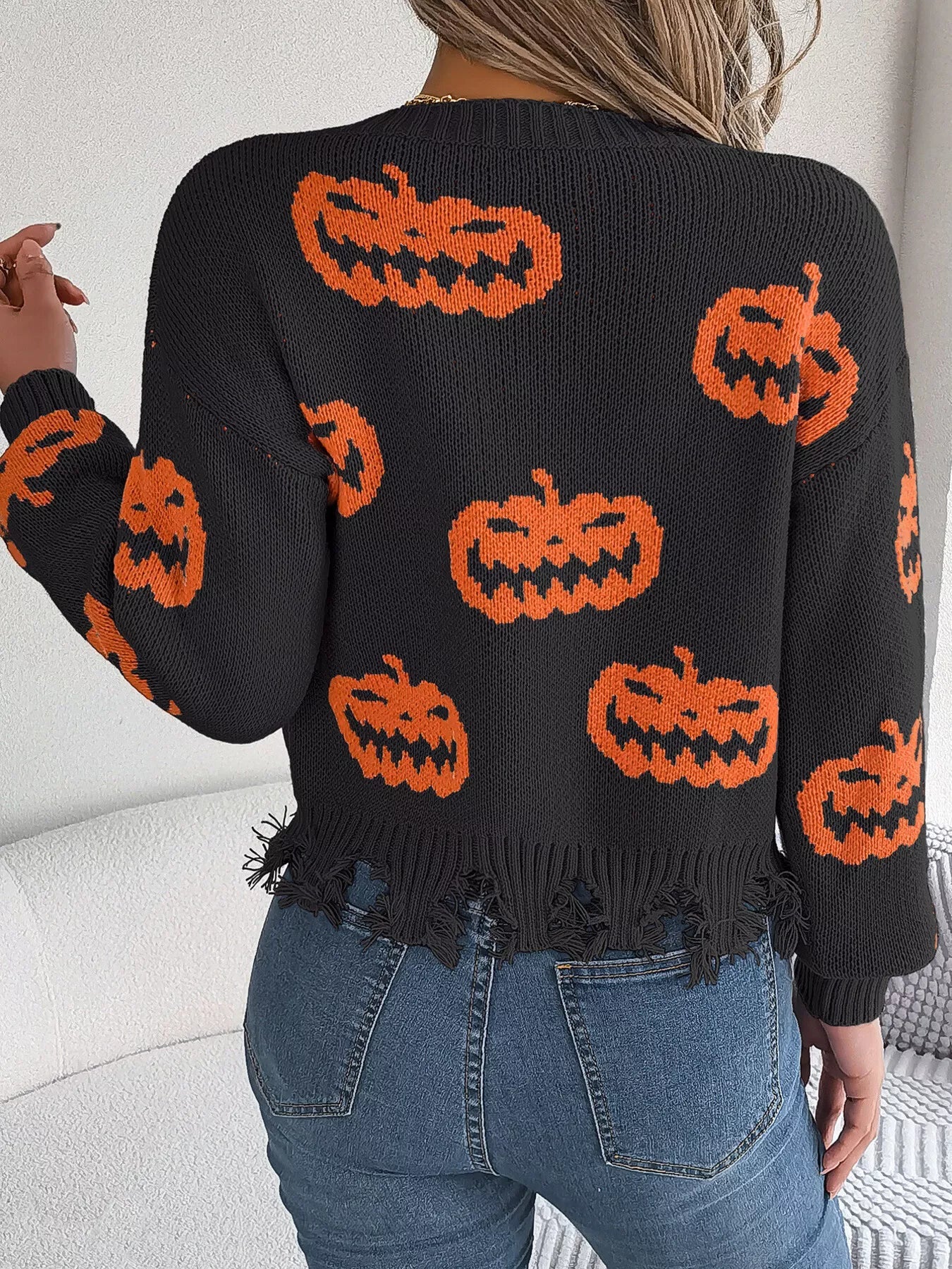 Halloween Pumpkin Pattern Raw Hem V - Neck Sweater - StyleLure