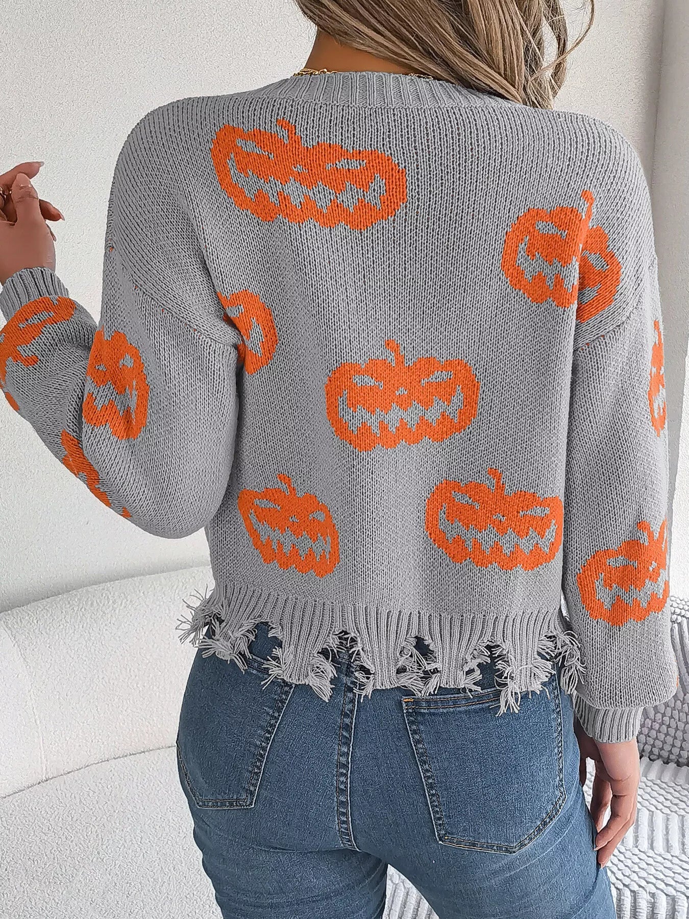 Halloween Pumpkin Pattern Raw Hem V - Neck Sweater - StyleLure