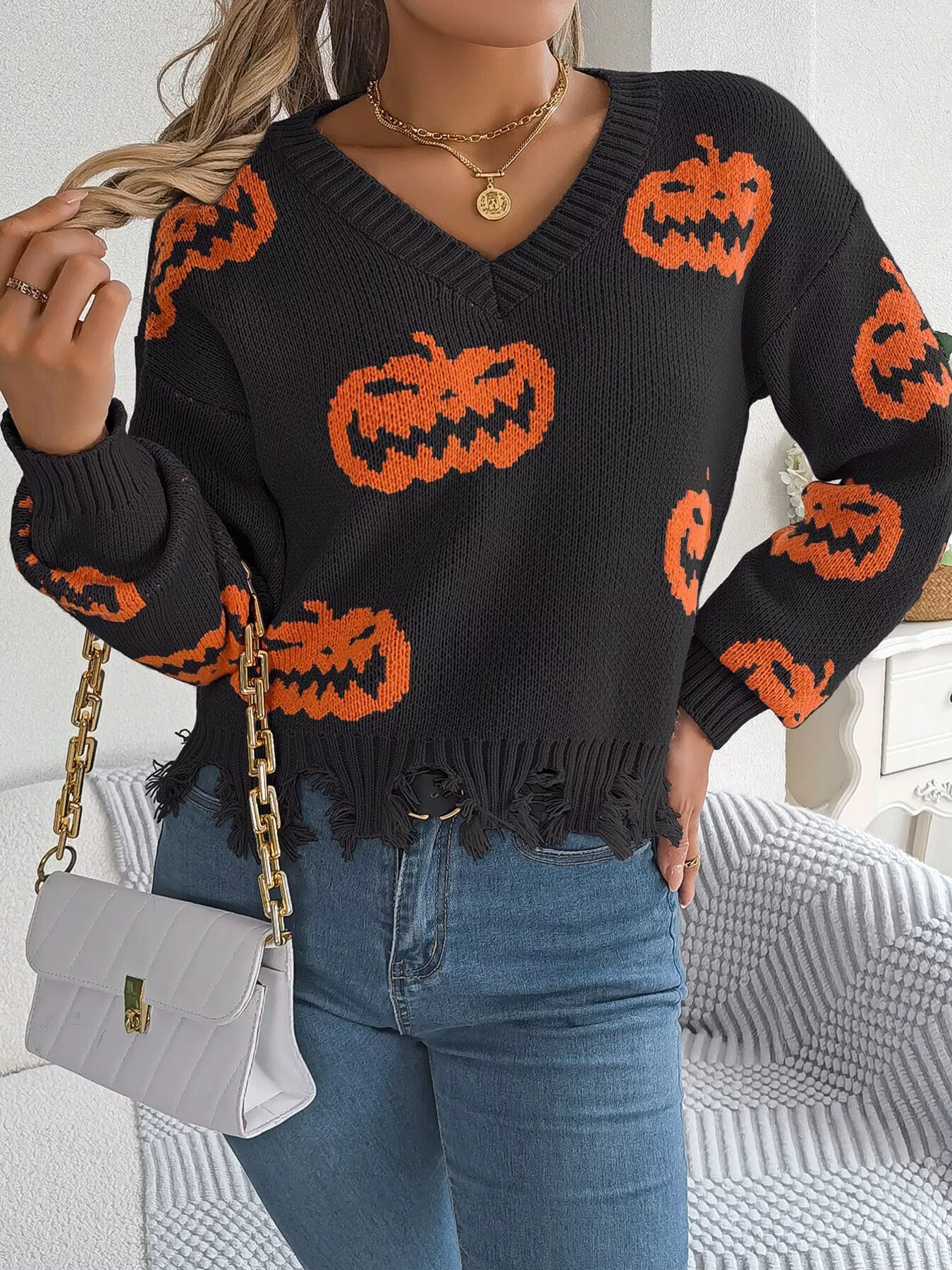 Halloween Pumpkin Pattern Raw Hem V - Neck Sweater - StyleLure