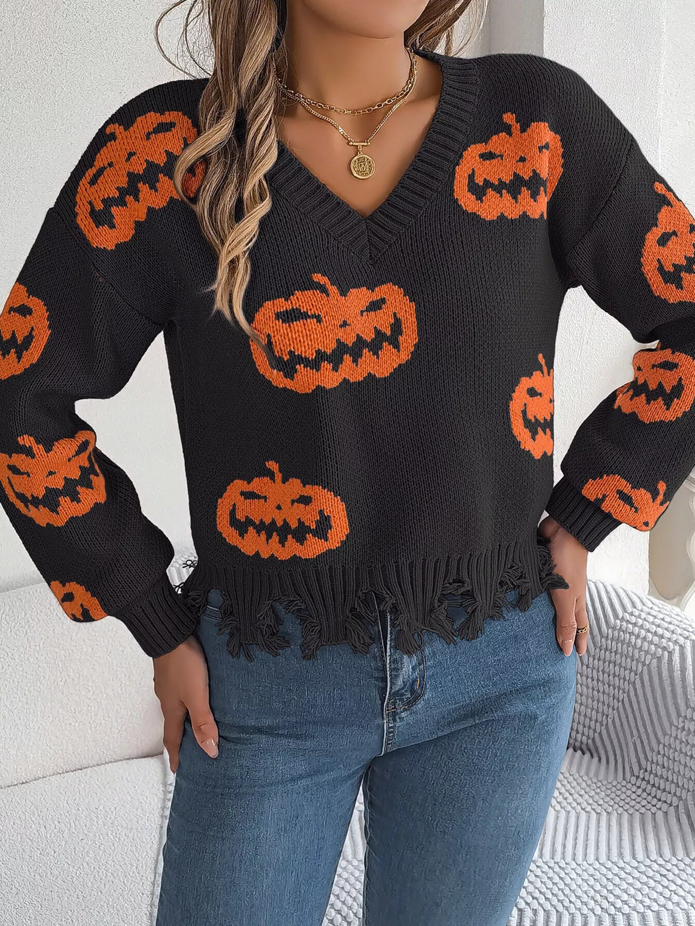 Halloween Pumpkin Pattern Raw Hem V - Neck Sweater - StyleLure