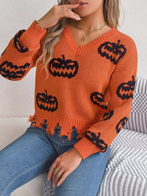 Halloween Pumpkin Pattern Raw Hem V - Neck Sweater - StyleLure