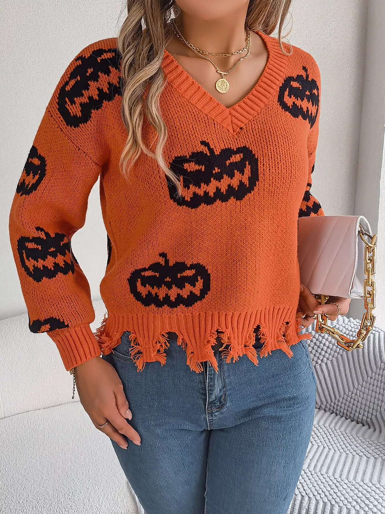 Halloween Pumpkin Pattern Raw Hem V - Neck Sweater - StyleLure