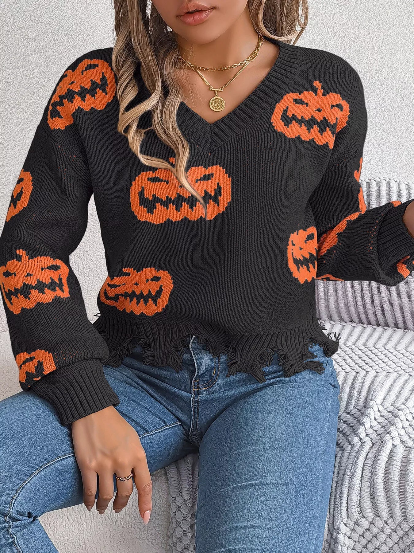 Halloween Pumpkin Pattern Raw Hem V - Neck Sweater - StyleLure