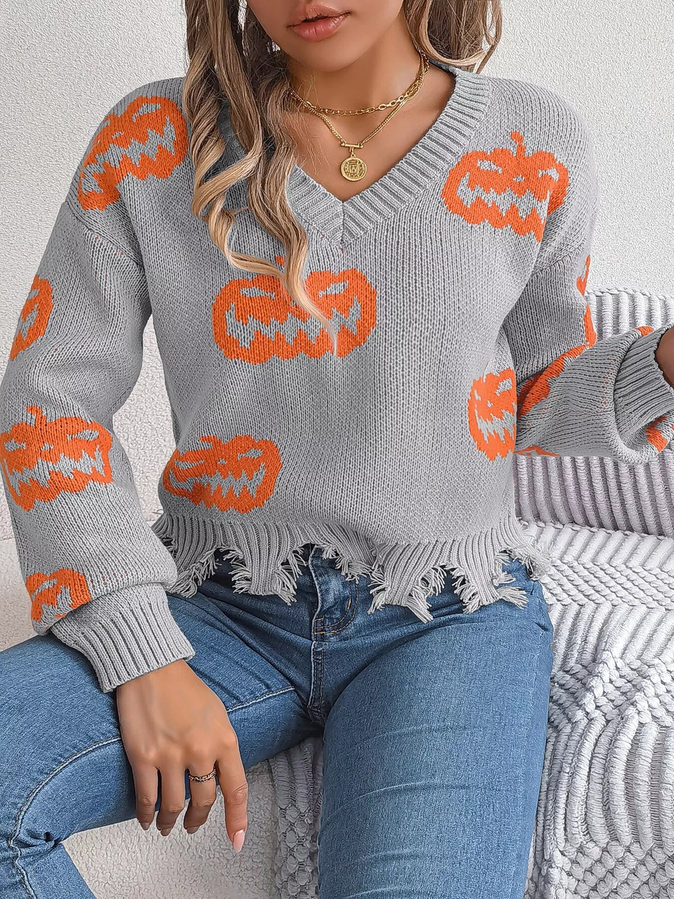 Halloween Pumpkin Pattern Raw Hem V - Neck Sweater - StyleLure
