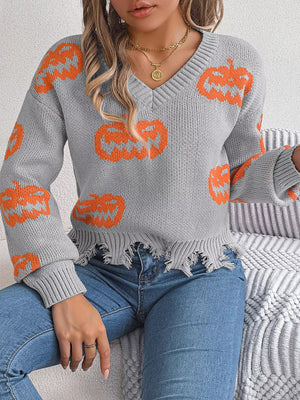 Halloween Pumpkin Pattern Raw Hem V - Neck Sweater - StyleLure