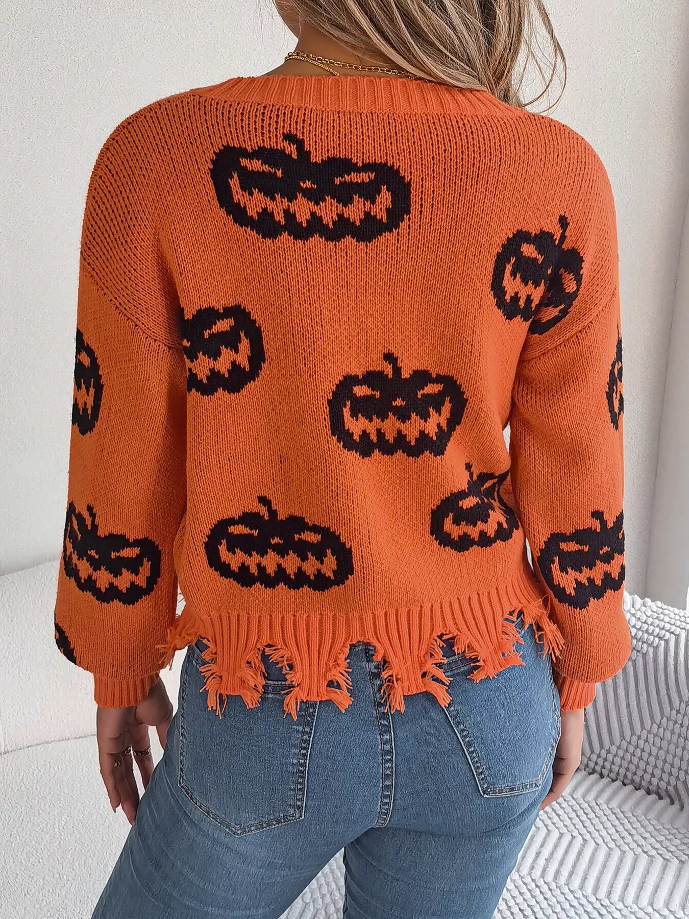 Halloween Pumpkin Pattern Raw Hem V - Neck Sweater - StyleLure